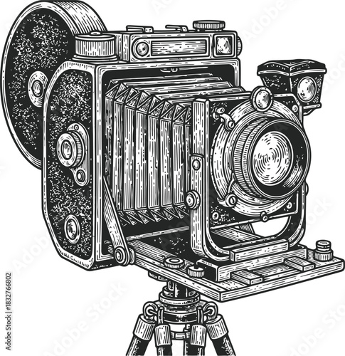 Vintage film camera silhouette on tripod for motion picture production