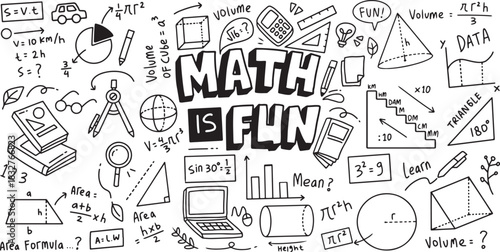 Mathematics subject doodle design. Education and study concept. Back to school background for notebook, notepad, sketchbook. Hand drawn illustration