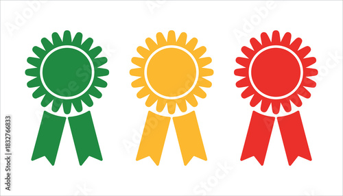 Three award ribbons green yellow red on white background green ribbon yellow ribbon
