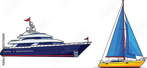 Luxury yacht and sailboat illustration on white background for nautical theme