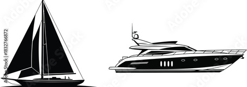 Vector illustration of a sailboat and a motor yacht on a white background