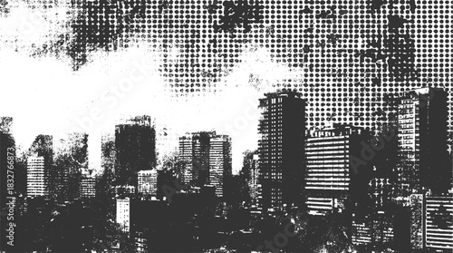 Black and white halftone dot pattern overlay on city skyline silhouette buildings architecture