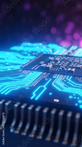 Close up of a circuit board with glowing blue lines and computer chips against blurred background