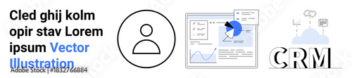 Business analytics, CRM tools, data management, cloud integration, user profiles, performance tracking. Dashboard with charts, user icon and CRM text in a professional setup. Business analytics