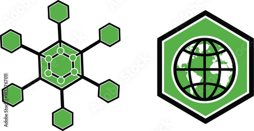 Green network and globe icons representing global connectivity and technology