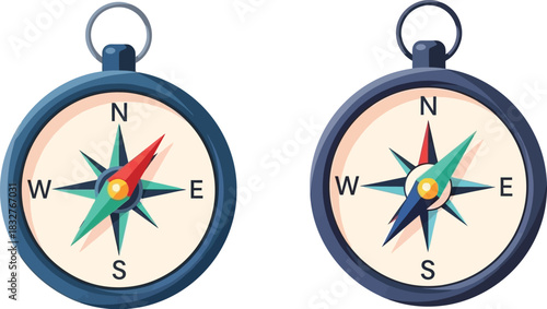 Two compass illustrations for navigation and directional guidance on white