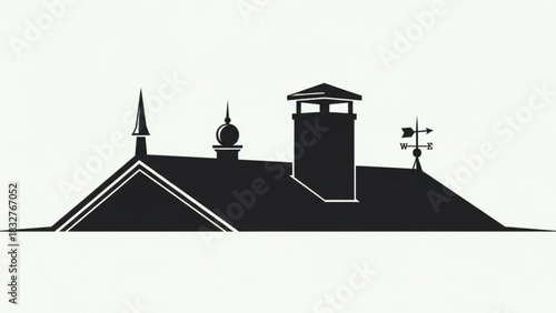Silhouette of a historic building s roofline featuring a prominent chimney decorative finials and a weather vane against a plain background