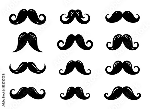 Collection of Vintage and Modern Black Moustache Styles Icons and Silhouettes