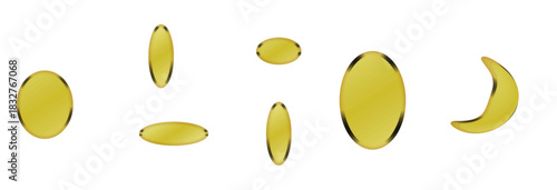 Arrangement of translucent yellow gel capsules on a white background in various orientations and positions