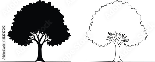 Silhouette and outline of a tree black and white vector illustration