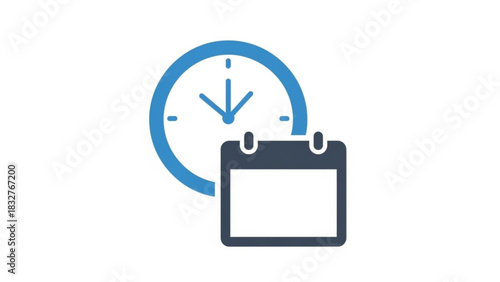 A stylized blue clock face and a dark blue calendar icon are depicted against a white background representing time management and scheduling concepts