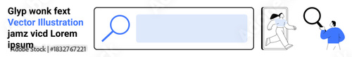 Search engine optimization, online research, technology tools, user interaction, website navigation, digital queries. A search bar, magnifying glass and searching figures. Online research and user
