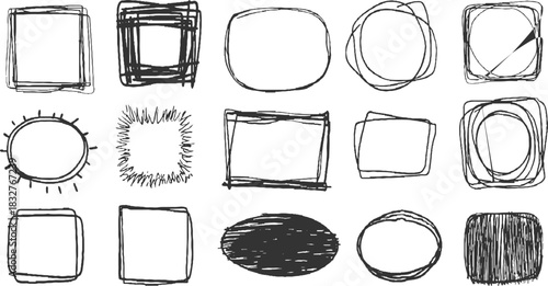 Collection of hand drawn sketchy geometric shapes and frames in black ink on white background drawing