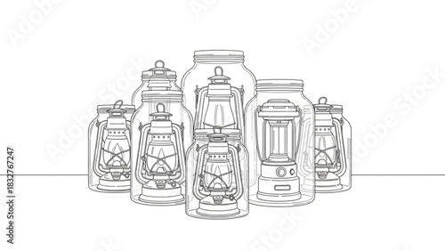 A collection of vintage oil lanterns and modern battery powered lanterns are displayed inside clear glass mason jars against a white background