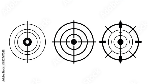 Three black and white target icons with crosshairs and bullseyes shooting target aiming