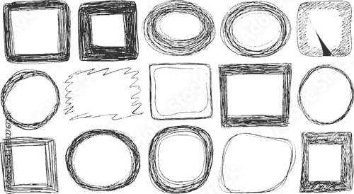 Collection of hand drawn sketchy square circle and irregular frames on white background doodle drawing