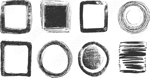 Collection of eight hand drawn sketchy black ink frames and shapes on white background border circle