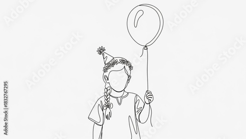 A charming single line drawing depicts a young girl wearing a festive party hat adorned with small flowers and holding a balloon