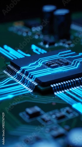 Close up of a computer circuit board with integrated processor and electronic components digital technology