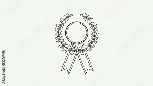 A simple black and white line drawing of a circular award medal surrounded by a laurel wreath with two hanging ribbons below