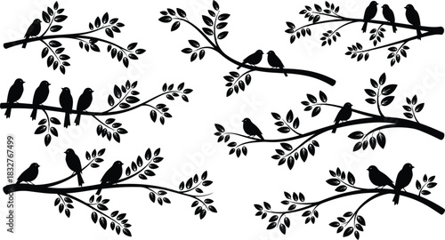 Charming collection of black vector silhouettes featuring small, cute birds resting and perching on leafy tree branches, creating a peaceful, natural, and decorative design element, isolated on white