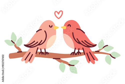 A pair of lovely birds sitting on a tree branch and kissing. Romantic nature illustration symbolizing couple love and spring season.