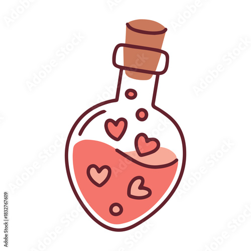 A glass flask filled with a magical pink elixir and floating hearts. Sorcery item for casting love spells on Valentine's Day.