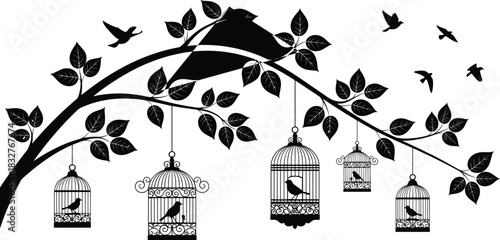 Decorative black and white vector illustration of a curved tree branch with leaves, featuring five ornated flying freely around, isolated on white.