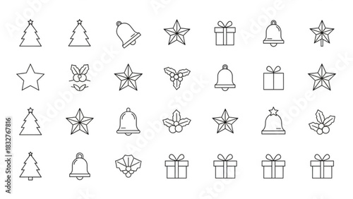 A collection of simple black outline christmas icons including trees stars bells holly and gift boxes arranged in a grid pattern on a white background