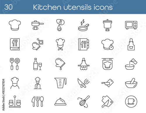 Simple line icons of kitchen tools, chef hats, cookware, utensils, and cooking elements. Perfect for recipes, food blogs, menus, apps, prints, and culinary design projects.