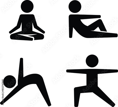 Yoga and meditation poses stick figure icons set