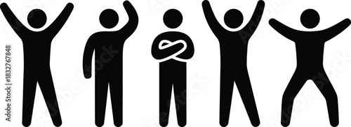 Five diverse stick figures celebrating with arms raised in unison