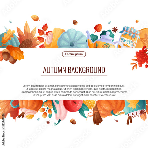 Decorative frame with autumn elements. Rectangular wreath with autumn leaves, drinks and food for posters, flyers, postcards and invitations to autumn parties. Vector illustration