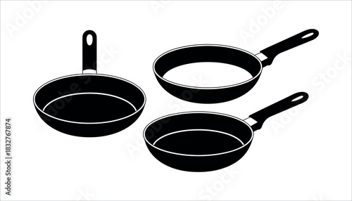 Three black frying pans with handles arranged on a white background skillet cookware