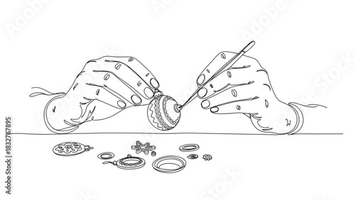 Intricate hands carefully assemble a decorative ornament with precision tools surrounded by tiny components on a white surface