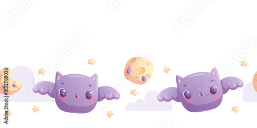 Seamless Halloween border with cute bat, moon and stars on a white background. "Trick or treat." Vector kawaii children's illustration for postcards, posters, banners, websites