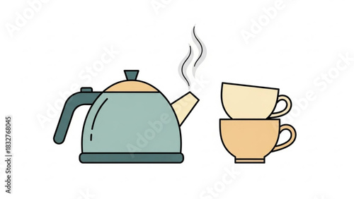 A stylized illustration of a steaming kettle pouring hot water into two stacked cups perfect for beverage related designs