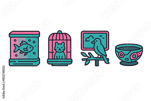 Colorful pet icons arranged in a visually appealing layout showcasing fish, cat, bird, and bowl
