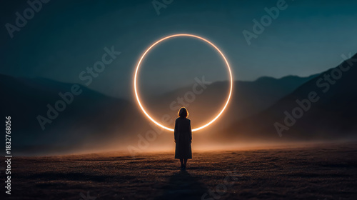 Person standing before a large glowing circular light in a dark misty landscape