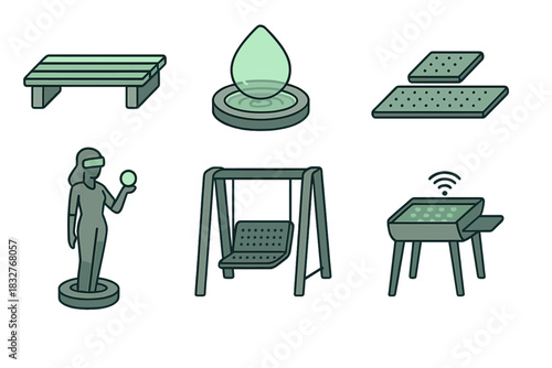 Different elements of a public park showcasing a relaxing space for leisure activities