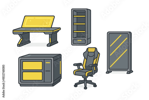 Modern office furniture set featuring a desk, shelves, chair, filing cabinet, and mirror in sleek design