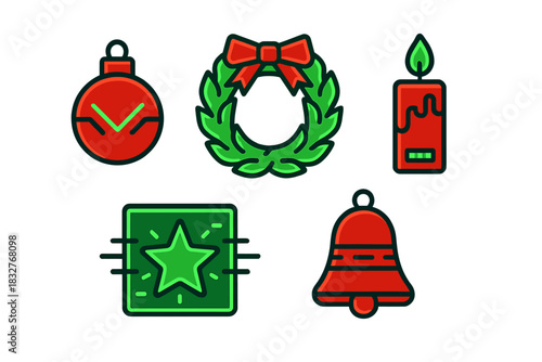 Colorful Christmas decorations including a wreath, ornament, candle, bell, and wrapped gift in festive colors and designs for holiday cheer