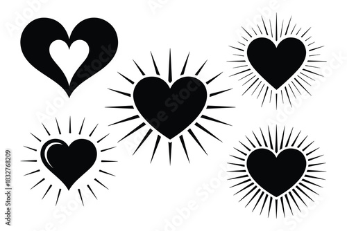 Black hearts with radiating lines on white background
