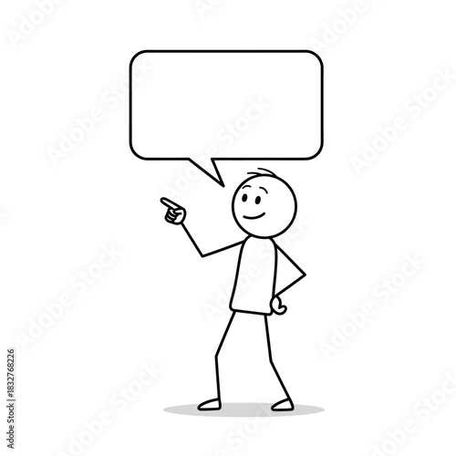 Stickman in an observing pose with a clear interested expression and speech bubble. Minimalist black-and-white vector.