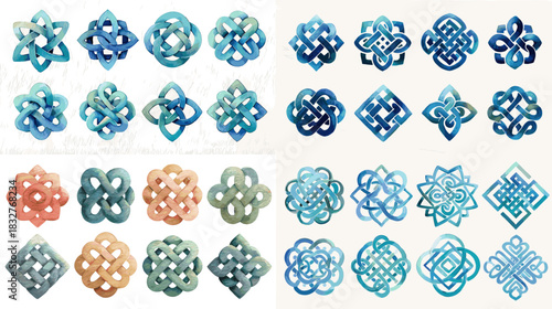 A refined collection of decorative knot motifs featuring interwoven loops, geometric forms, and soft tones, suitable for symbolic, artistic, and ornamental design themes.