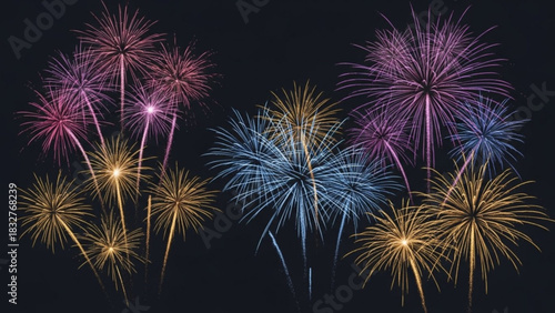 A vibrant display of colorful fireworks bursts against the dark night sky illuminating the darkness with streaks of pink gold and blue