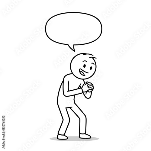 Stickman leaning forward with a highly interested expression and speech bubble. Clean and simple outline vector.