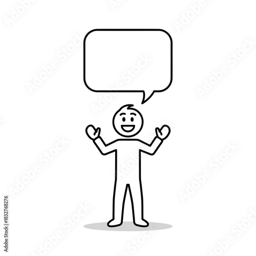 Minimalist stickman showing an interested and curious expression with a speech bubble. Clean outline vector illustration.