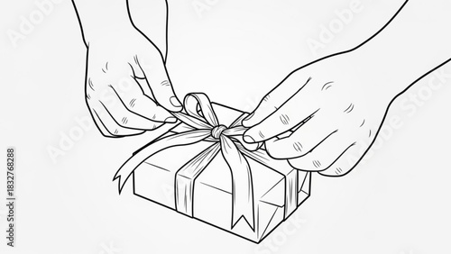 Hands carefully tying a decorative ribbon bow on a wrapped gift box symbolizing celebration and thoughtful presentation for any occasion