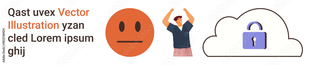 Fototapeta premium Data protection, emotional health, cloud security, user privacy, online safety, mental well-being. A person cheering beside a neutral emotion and a lock icon inside a cloud. Data protection